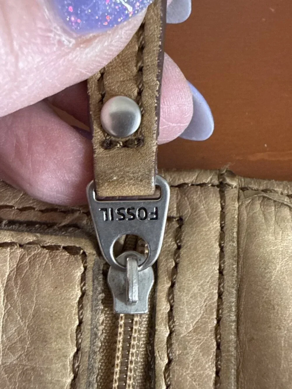 FOSSIL Maddox Taupe Leather Trifold Flap Clutch Wallet Organizer